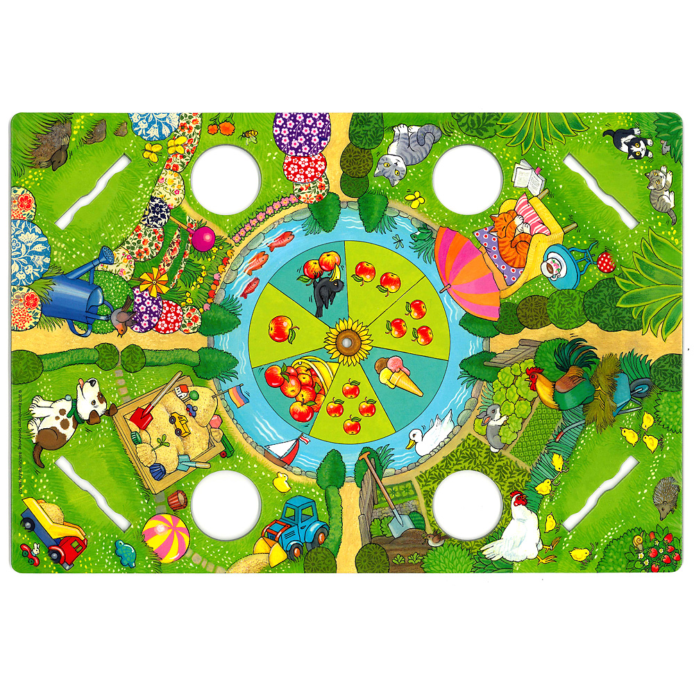 りんごゲーム:ボードの中央にはルーレット盤、庭は4つに分かれています